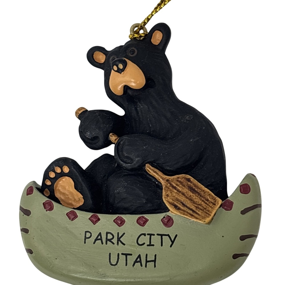 Park City Utah Black Bear in‎ Canoe Souvenir Christmas Ornament Resin MF Logo